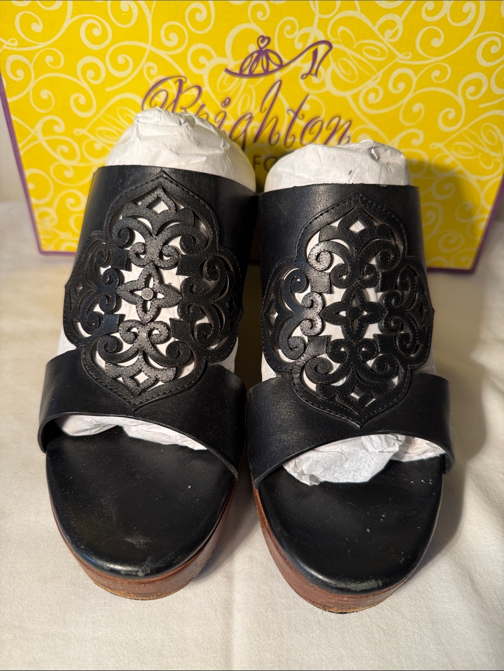Brighton Black Leather Laser-Cut Slide Mules